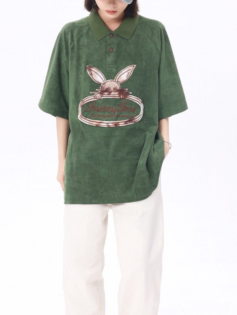 Vert  T Shirts Aelfric Eden Embroidery Rabbit Washed Daim Polo Tee - GPT-4518759